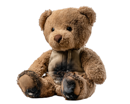 Burned teddy bear damaged plush toy brown stuffed animal worn fur singed fabric sitting position sad expression childhood memory isolated emotional