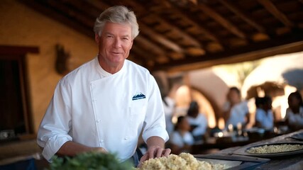 A retired chef teaches a cooking class in a rustic kitchen with fresh herbs chopping boards and eager students taking notes depicted in a flavorful photo with ingredient - Powered by Adobe