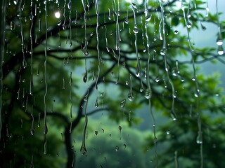 Rain-soaked glass window with blurred forest background, moody and cozy atmospheric nature wallpaper design for desktop, mobile, and presentation backgrounds with calming rainy effect