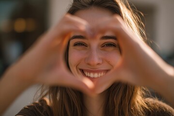 Bright happy smiling woman making a heart shape with her hands outdoors in sunlight.