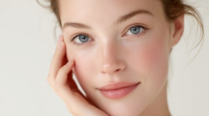 Close Up Portrait of Beautiful Young Woman with Clear Skin and Bright Blue Eyes.