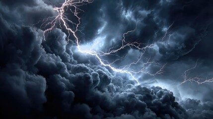 A dramatic display of nature's fury, showcasing dark storm clouds illuminated by bright lightning