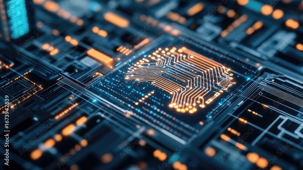 Aufkleber a close-up view of a vibrant circuit board featuring intricate pathways and glowing components, symb