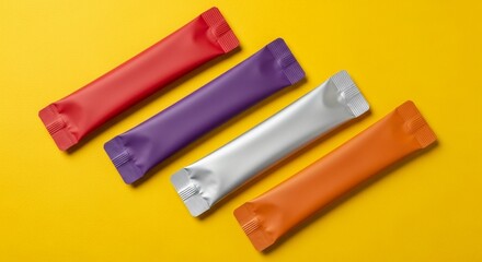 Colorful Stick Sachets on Yellow Background, Mockup for Product Packaging Design