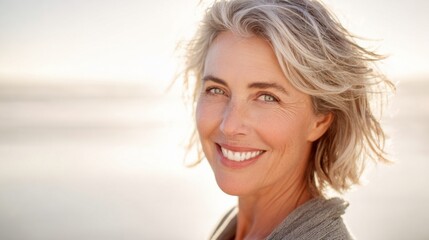 Bright Smiling Mature Woman with Short Gray Hair Outdoors in Sunny Natural Light.