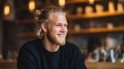 Happy smiling young man with long hair and beard sitting in cafe interior.