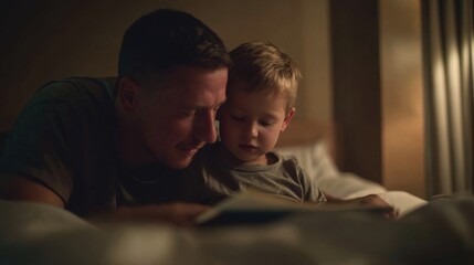 Family bonding scene with father and son reading a book together in a cozy bedroom.