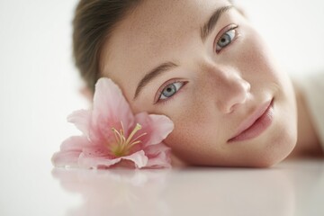 Close-up of a young woman resting her face on a surface with a pink flower by her cheek.