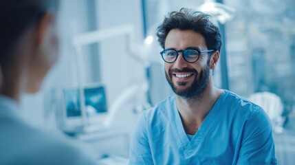 Friendly male healthcare professional with glasses smiling in modern medical clinic.