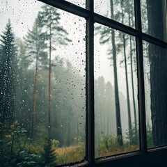 Naklejka premium Rain-soaked glass window with blurred forest background, moody and cozy atmospheric nature wallpaper design for desktop, mobile, and presentation backgrounds with calming rainy effect