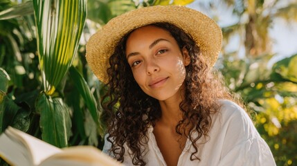 Portrait of a Smiling Young Woman Wearing a Straw Hat in a Lush Green Garden Scene.