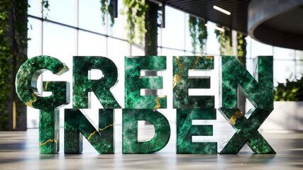 Large, standing emerald text "GREEN INDEX" on a polished floor, with vines & large windows in the background, creating a natural ambiance - Powered by Adobe