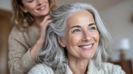 Elderly woman receiving a relaxing hair care treatment from a smiling young hairdresser in a cozy salon.