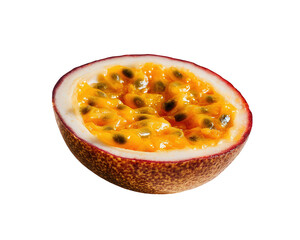 Ripe Passion Fruit Half with Visible Seeds on Black Background