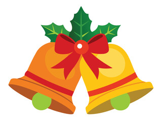 Festive Christmas Bells with Holly and Red Bow Decoration Illustration