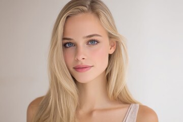 Portrait of a Young Woman with Blue Eyes and Long Blonde Hair Looking at Camera.
