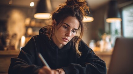 Young woman working on laptop in cozy cafe with warm lighting and modern decor.