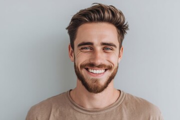 Cheerful young man with a beard smiling against a plain light background in casual clothing.