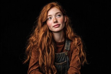 Portrait of a young redhead girl with long curly hair wearing casual clothing against black background.