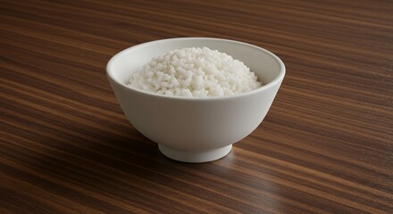 Steaming White Rice in a Ceramic Bowl on a Dark Wood Tabletop