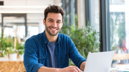 Smiling man working on laptop in modern bright office with large windows and greenery.