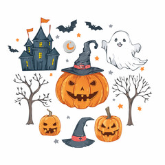 Fototapeta premium Halloween themed illustration with pumpkins, castle, ghost, bats, witch hats and trees.
