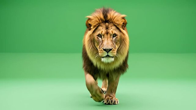 Majestic Lion Walking Towards Camera on Green Screen - A powerful male lion walks directly towards the camera against a bright green screen background.