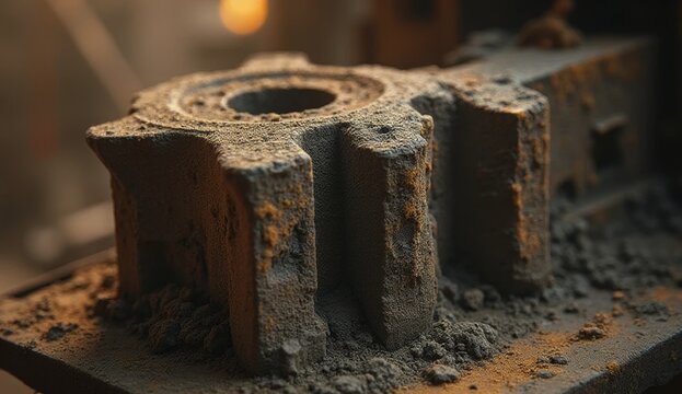 Macro close-up of a sand casting mold with sharp edges and industrial texture, side view, blurred foundry background, ideal for metal casting, manufacturing, and industrial themes