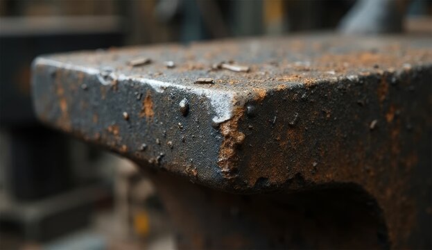 Close-up of a worn steel anvil corner with scratches and metallic shine, side view, blurred background, ideal for blacksmithing, industrial, metalworking, and engineering themes