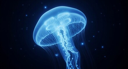 Glowing Blue Jellyfish in Deep Ocean Depths