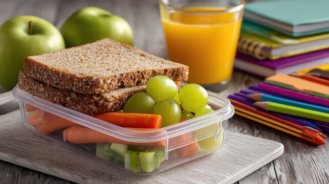 Healthy school lunch with sandwich, grapes, carrots and juice on table with supplies
