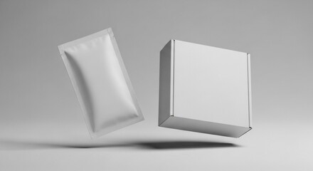 Floating White Box Mockup with Stick Sachet, Packaging Design Template