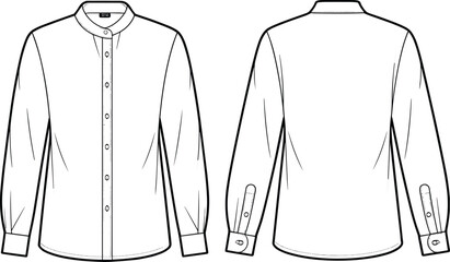 Technical flat sketch of long sleeve button up shirt front and back views with stand collar, cuffs, yoke, and darts
