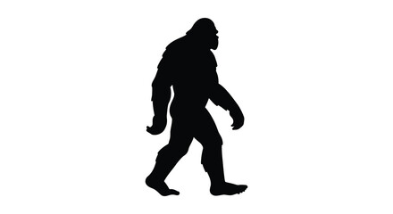 A black silhouette of a bigfoot walking on a plain white background