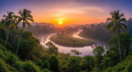 Spectacular sunrise over a tropical river in a lush jungle landscape