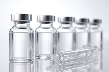Pharmaceuticals: Clear vials of medicine and syringe, for medical treatments and health shots on white.