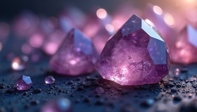Close-up of iolite crystals with diverse color variations, natural inclusions. Purple gemstones exhibit intricate details, unique patterns on dark, textured surface with soft bokeh lights in