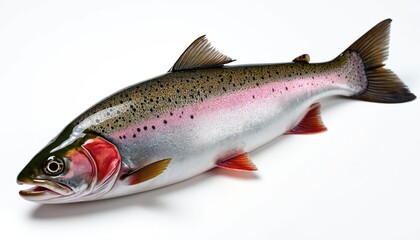 Whole raw salmon fish isolated on clean white background. Fresh seafood protein, healthy food, nourishment, vitamins for diet and healthy eating. Culinary food photography.