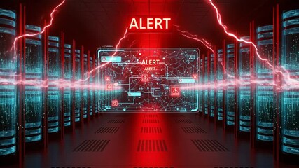Futuristic Server Room Network Alert - A futuristic server room is shown with red alert signals and energy surges indicating network congestion. - Powered by Adobe