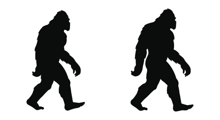 Silhouettes of two bigfoot or sasquatch walking in different poses side view