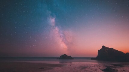 Fototapeta premium Sparkling starry sky looms over a mystical, glowing castle in a fantasy scene.