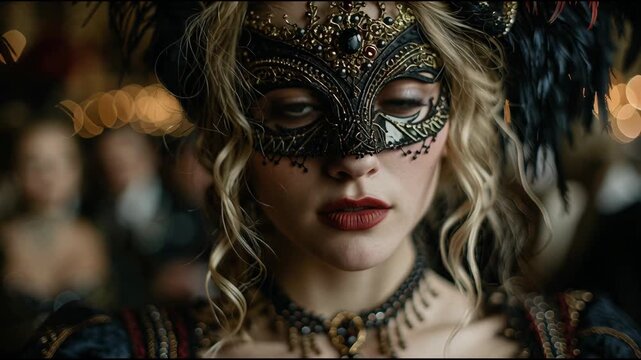 Woman wearing ornate masquerade mask with detailed jewelry and feathers creating mysterious atmosphere for fashion and cultural themes