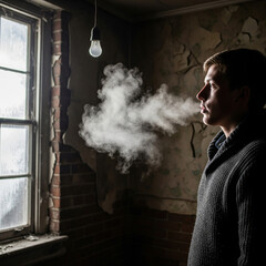 A Man in a Cold Run Down Room with Visible Breath Heat Poverty