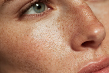 Obraz premium Close-up of a person's face showing skin texture, freckles, and a light-colored eye with dark eyelashes.