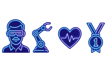 Technology-themed Icons representing a virtual reality user, robotics, a heart symbol and a winner's medal, showcasing technological advancements and achievements