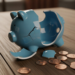 Smashed Piggy Bank with Coins on a Wooden Table