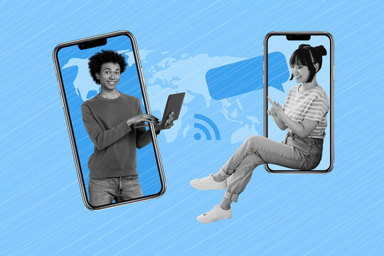 Sketch image artwork composite 3D collage of two smartphone display video call young lady man online date talk chat speech cloud dialog
