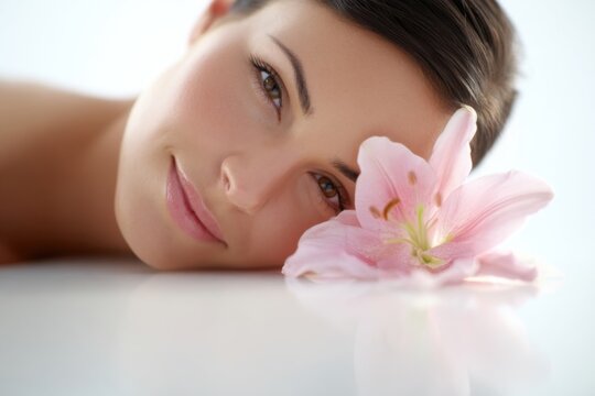 Close-up of a beautiful young woman lying on her side with a pink lily flower near her face.