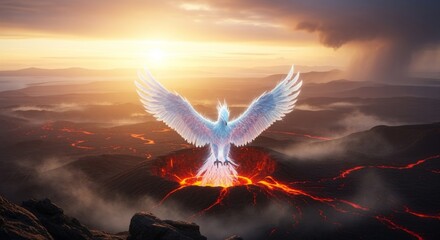 Fantasy Bird with White Wings Perched on Volcano Crater at Sunset