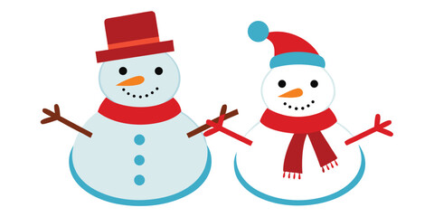 Two Cheerful Snowmen with Hats and Scarves on a White Background